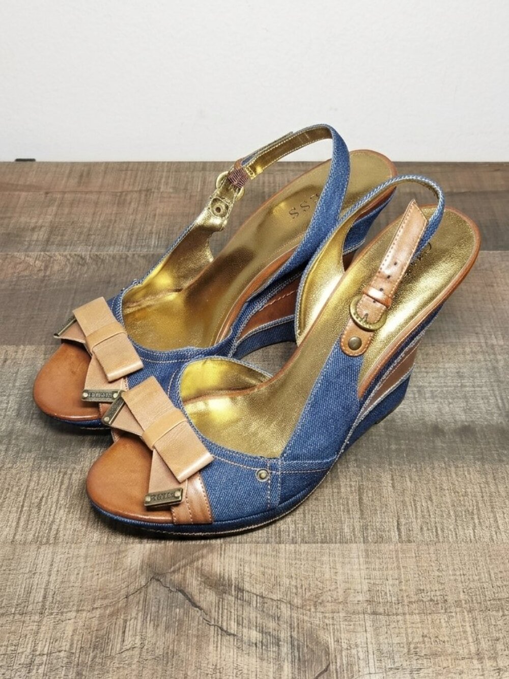 Guess Y2K Denim Leather Platform Wedge Sandals Size 10M Bows Heels Boho